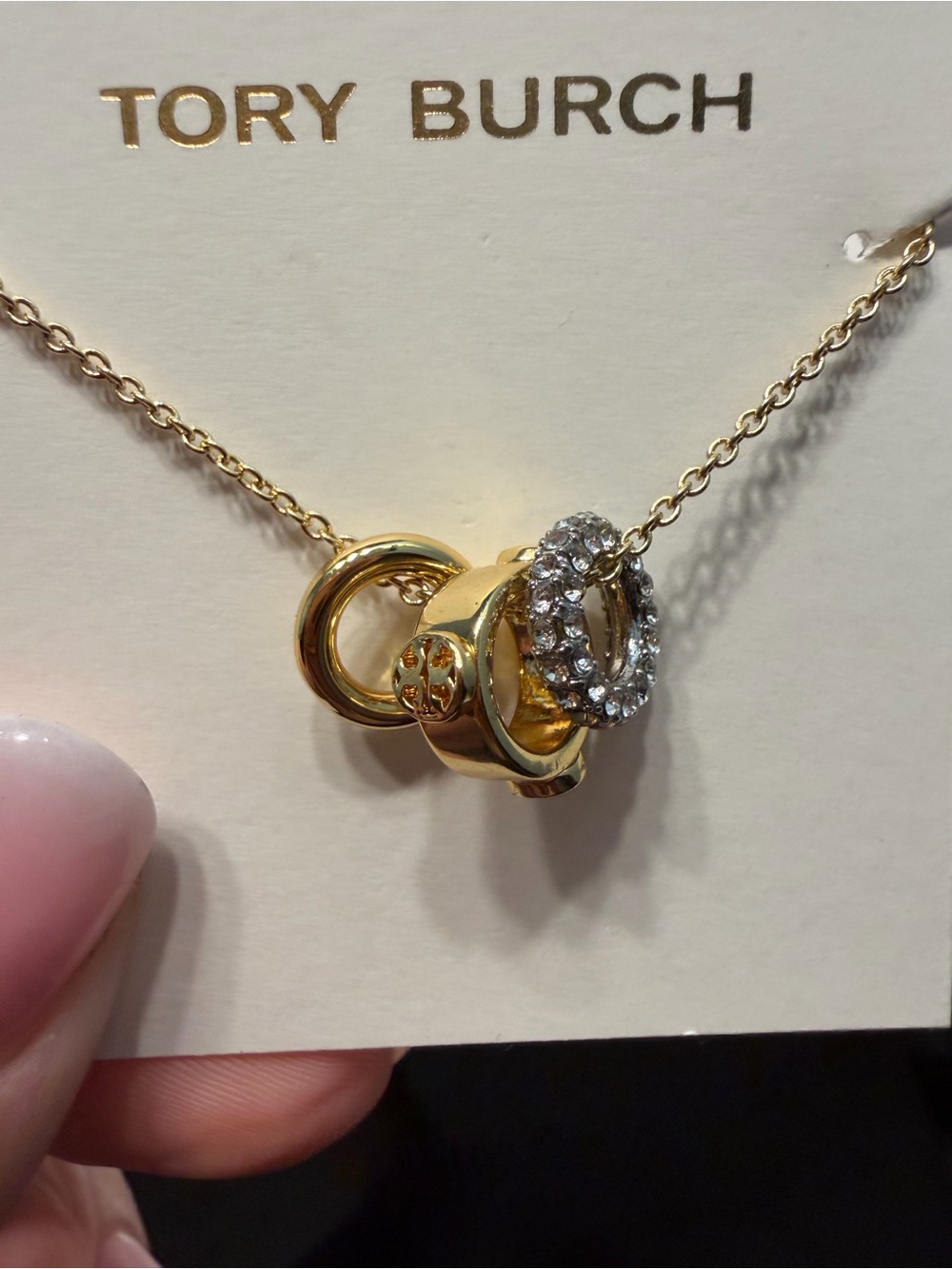 Tory Burch Gold-Tone Triple Ring Necklace with Pavé Crystal Accent